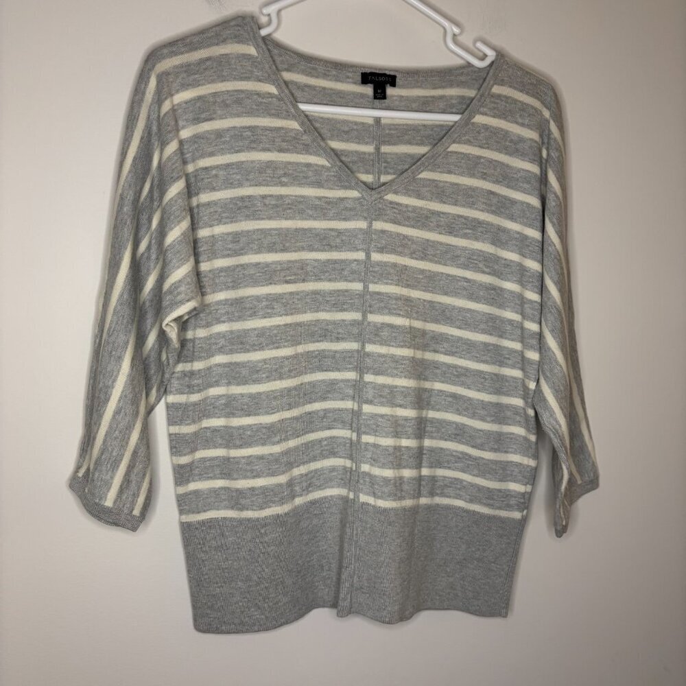 TALBOTS V-Neck Striped Knit Top Womens M Gray White Stretch Casual